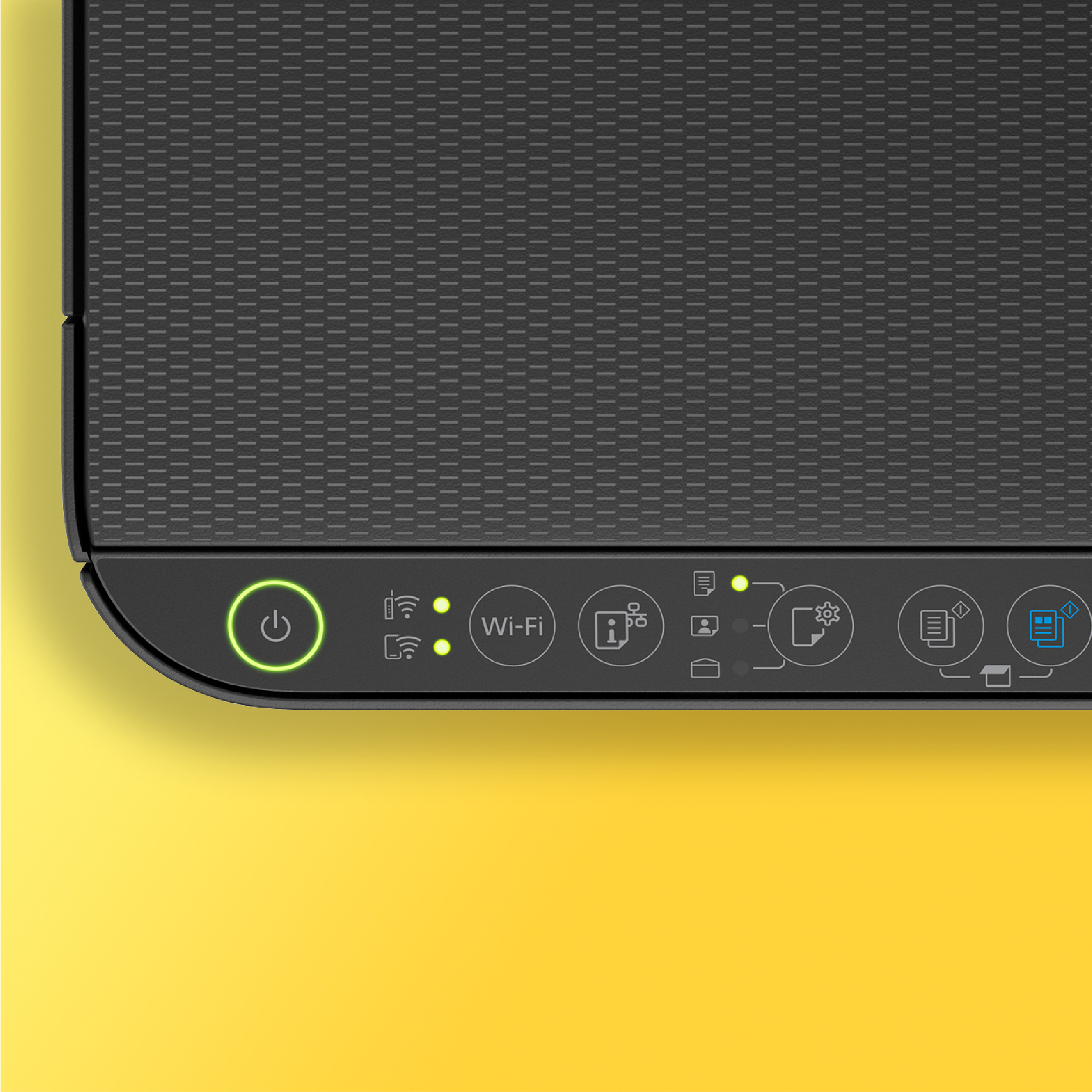 Panel de control de la impresora, que muestra encendido, Wi-Fi y otros iconos. Fondo amarillo.