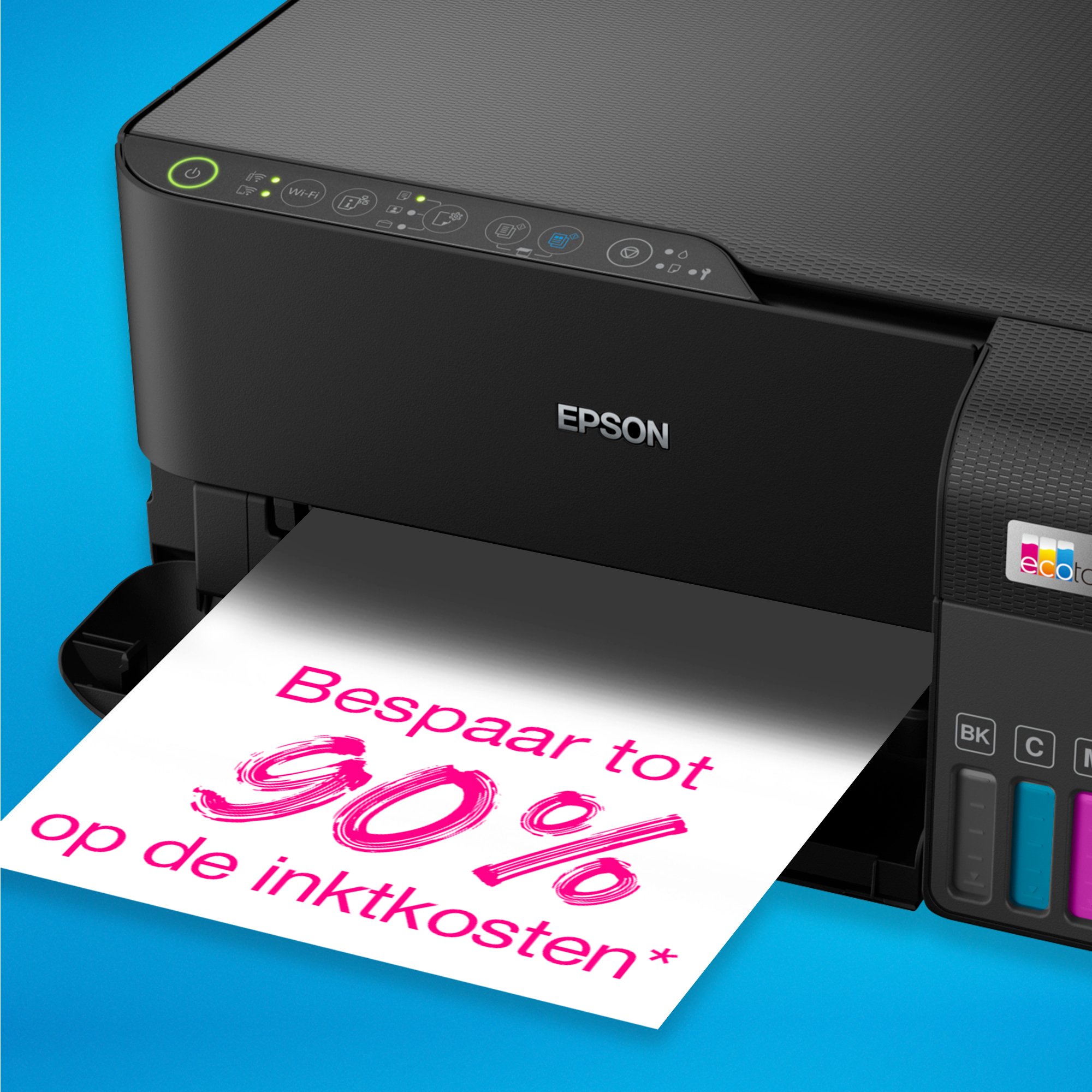 Una impresora negra con un papel que muestra un 90% de descuento en los costes de tinta.