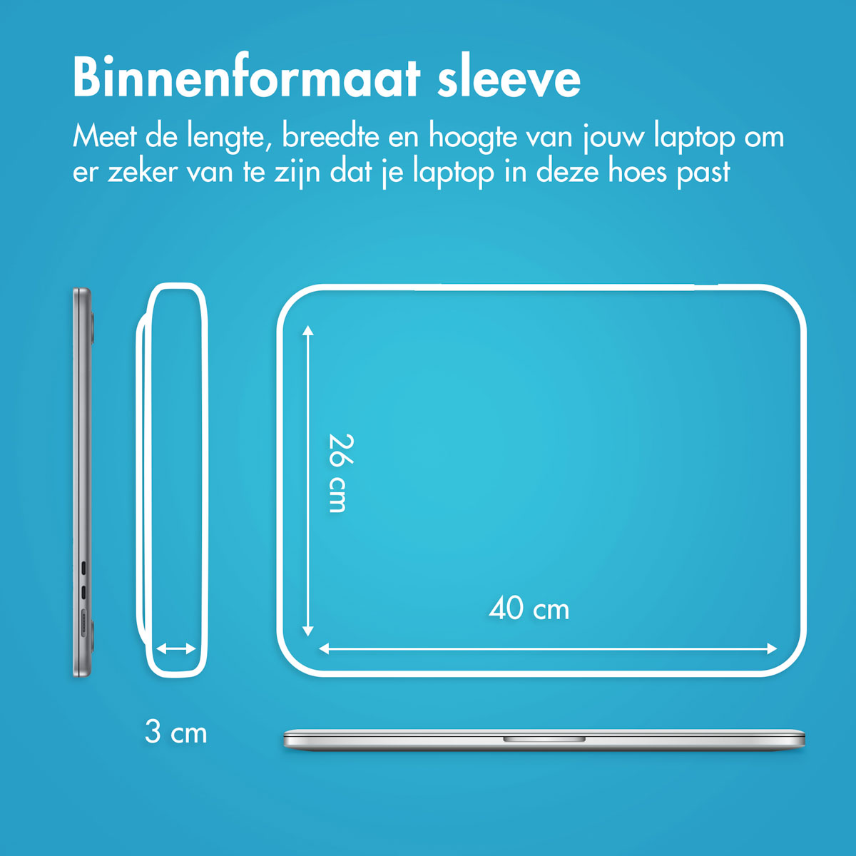 Diagram showing dimensions for a laptop sleeve. White background.