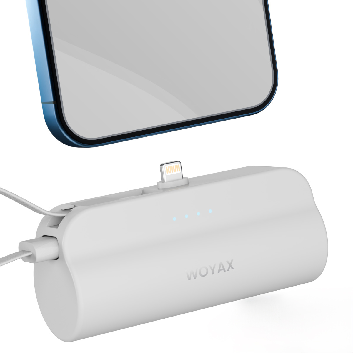 Lightning portlu ve şarj göstergeli beyaz powerbank, bir telefonla eşleştirilmiş.