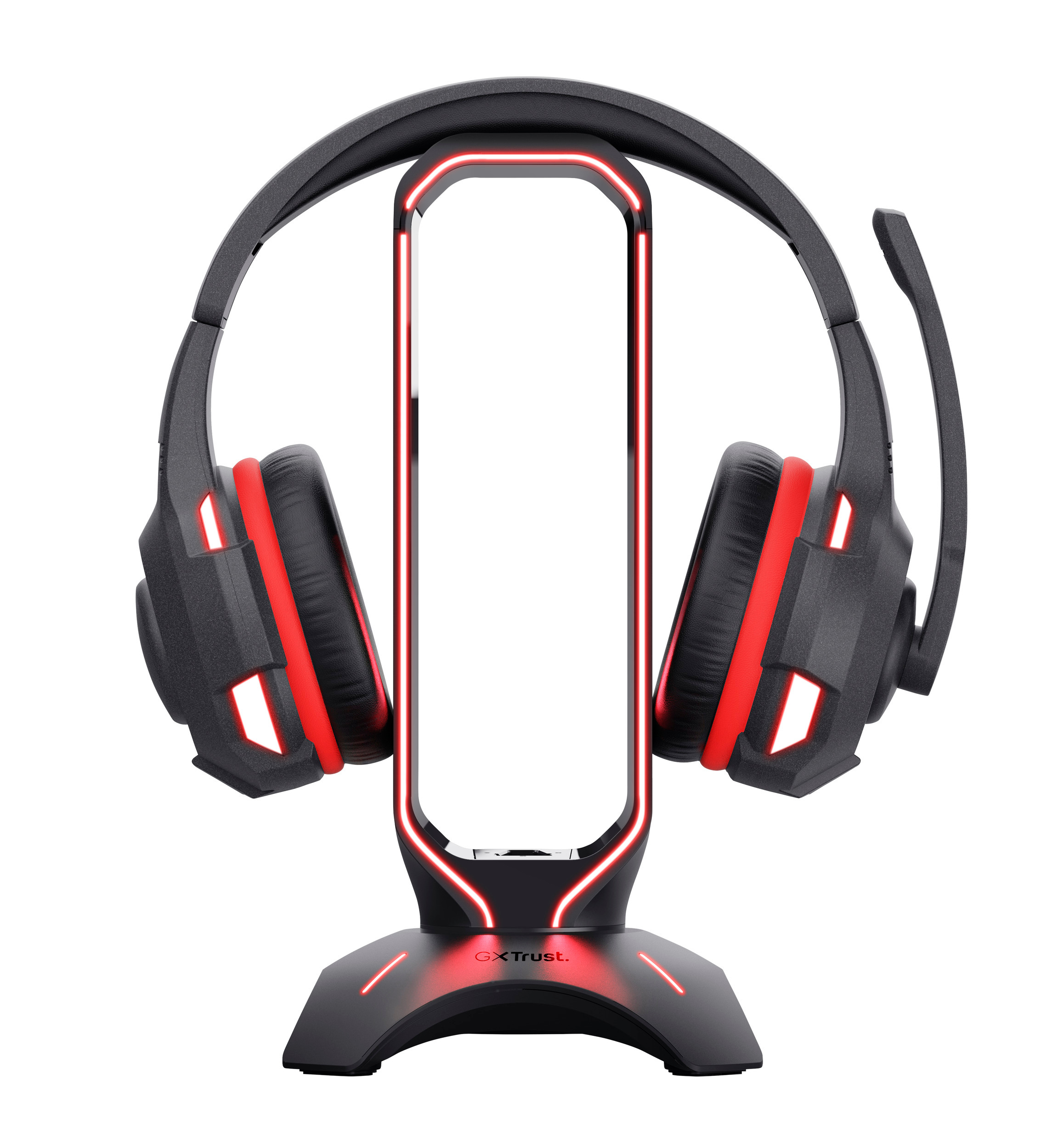 Headset und Ständer. Der Ständer ist schwarz mit roten Akzenten. Kopfhörer sind schwarz und rot.