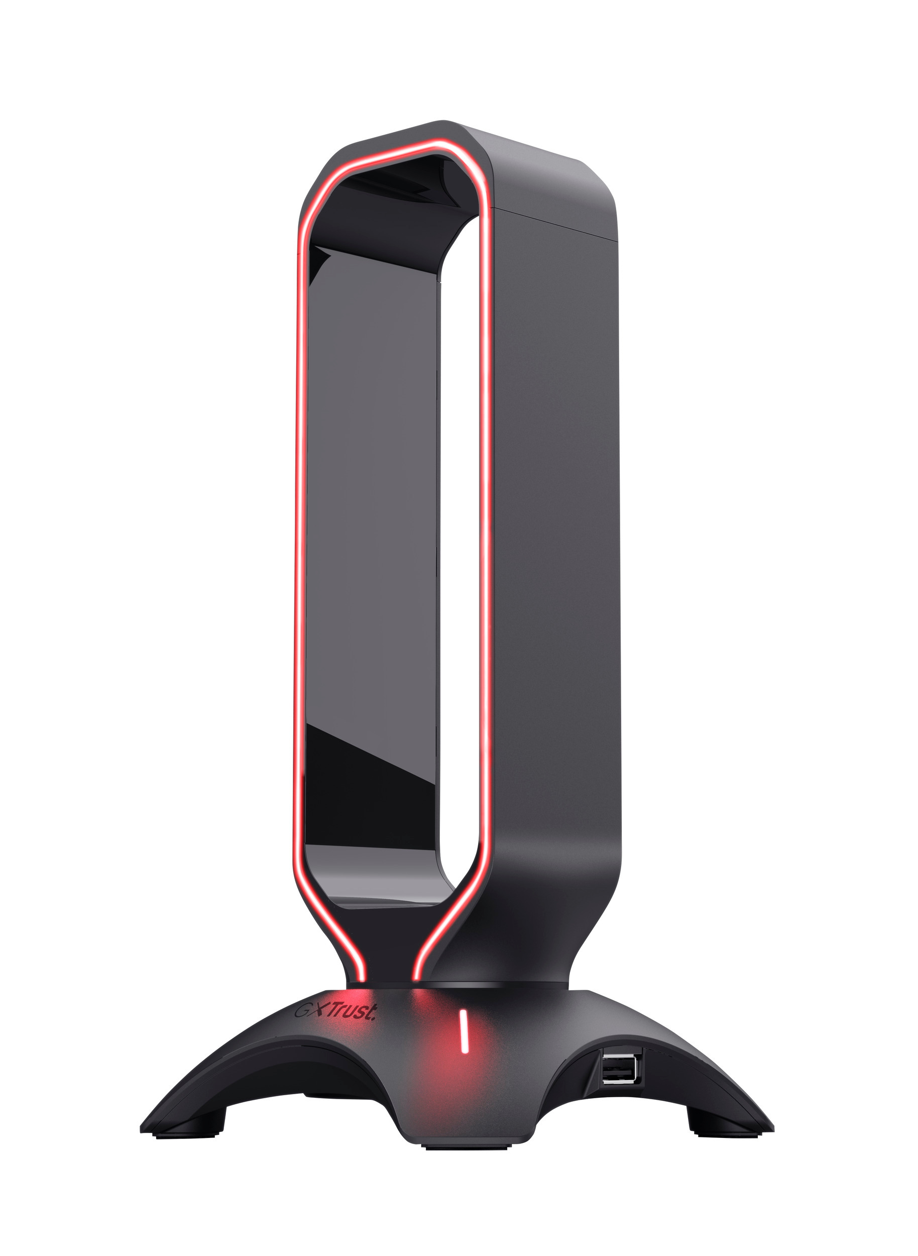 Ein schwarzes, U-förmiges Gerät mit rotem Lichtstreifen, USB-Anschluss und Trust-Logo auf der Basis.
