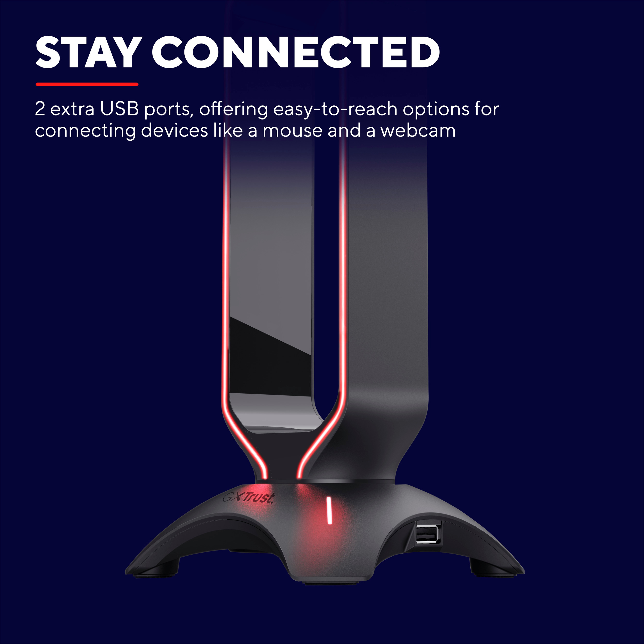 Schwarzes Gerät mit roten Lichtern und USB-Anschlüssen. Text: STAY CONNECTED.