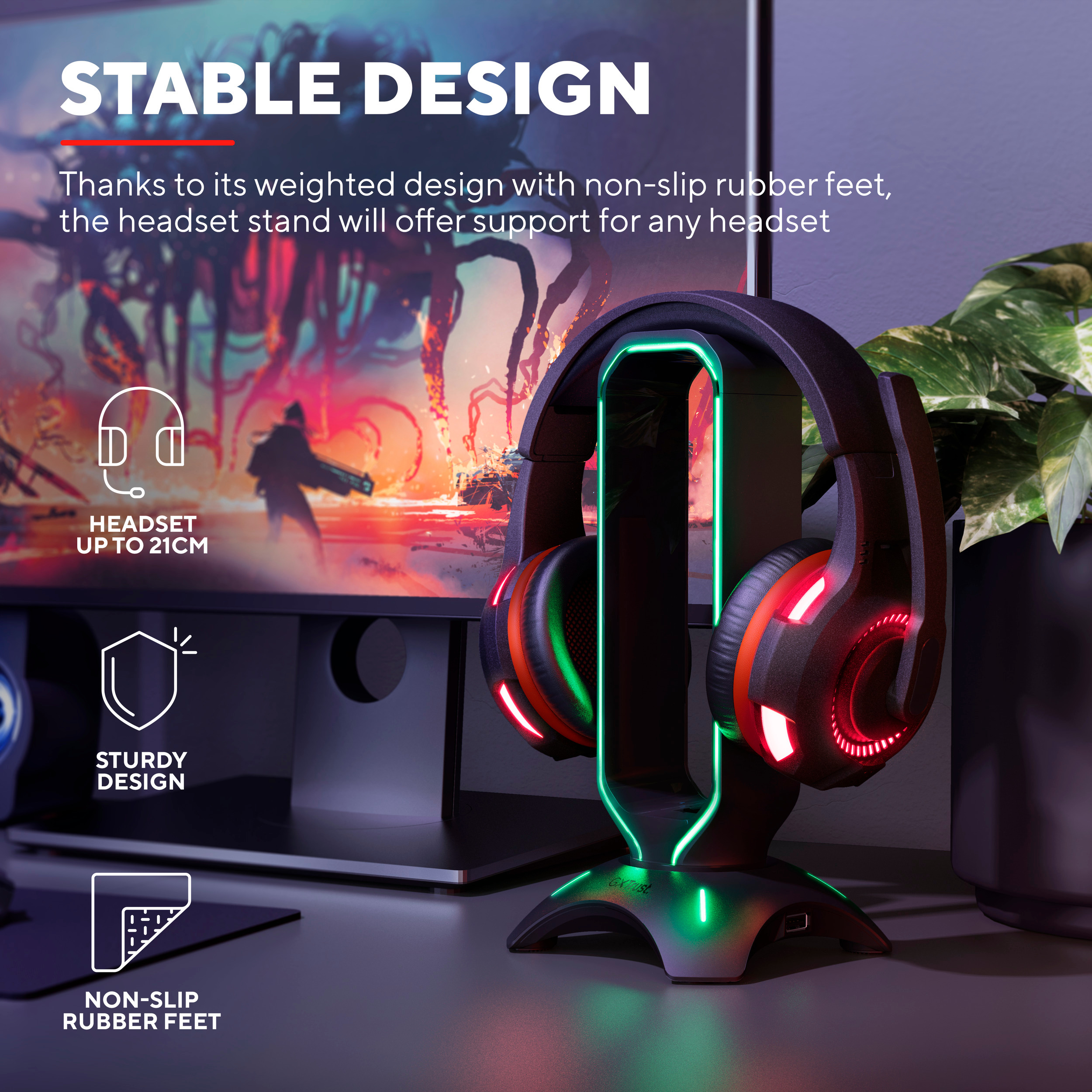 Ein schwarzes und rotes Headset auf einem Ständer mit rutschfesten Füßen. Text: 'Stabiles Design' und 'Robustes Design'.