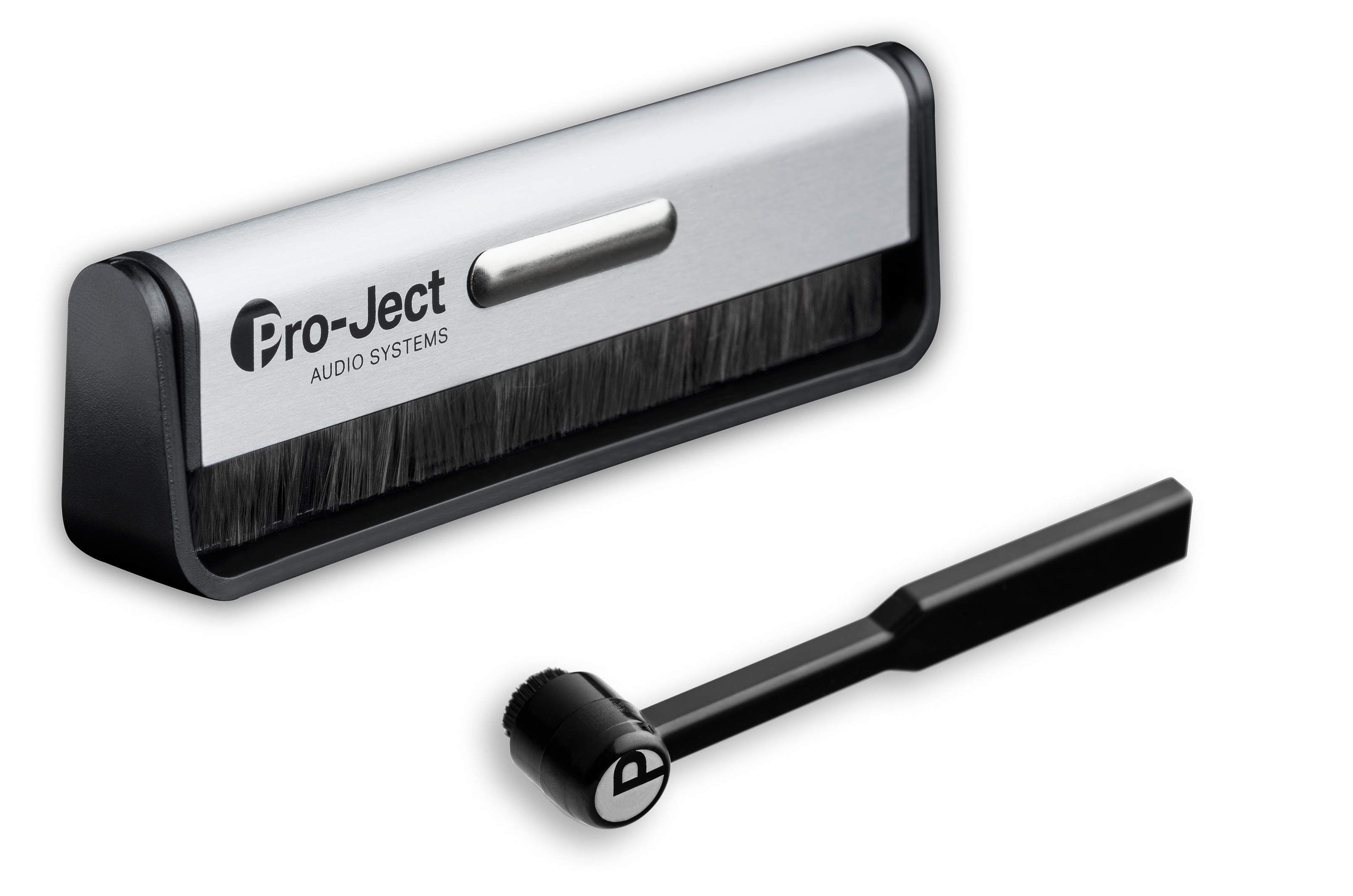 Czarna szczotka i czarny uchwyt, system audio, na czarnym tle.