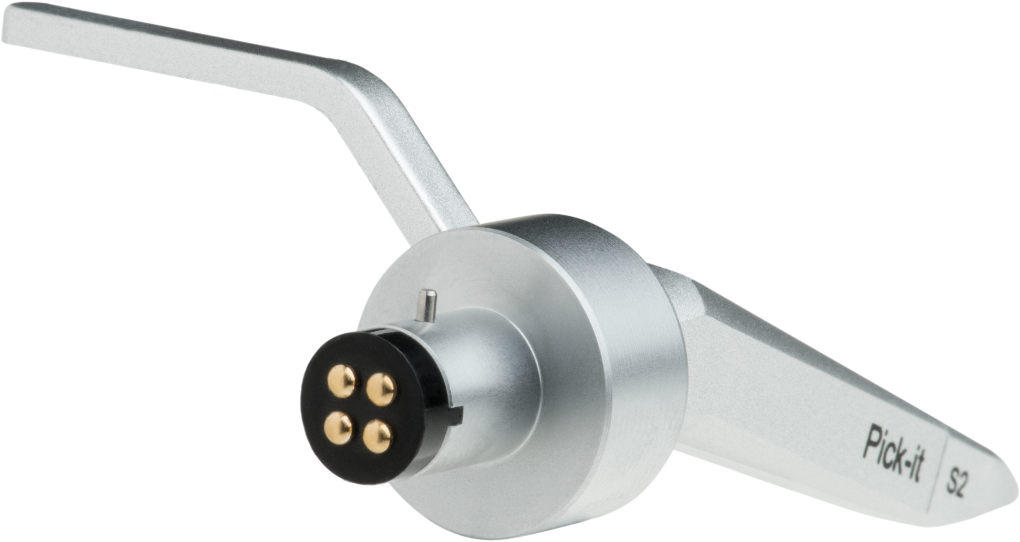 Srebrna wkładka gramofonowa Pro-Ject Pick-it S2. Ma srebrny korpus z rysikiem na dole.