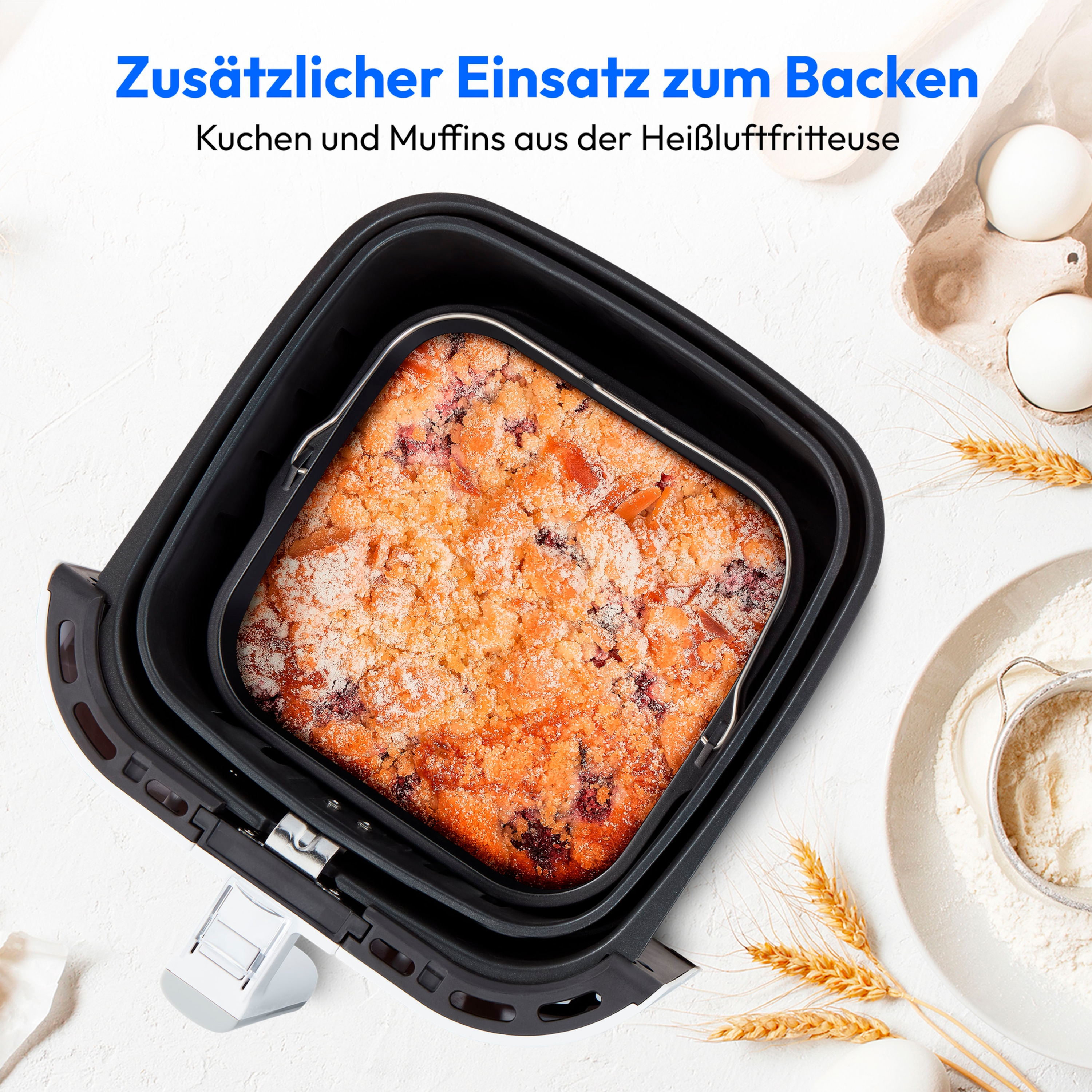 Frytkownica powietrzna z wkładem do pieczenia i tekstem o pieczeniu ciast i babeczek.