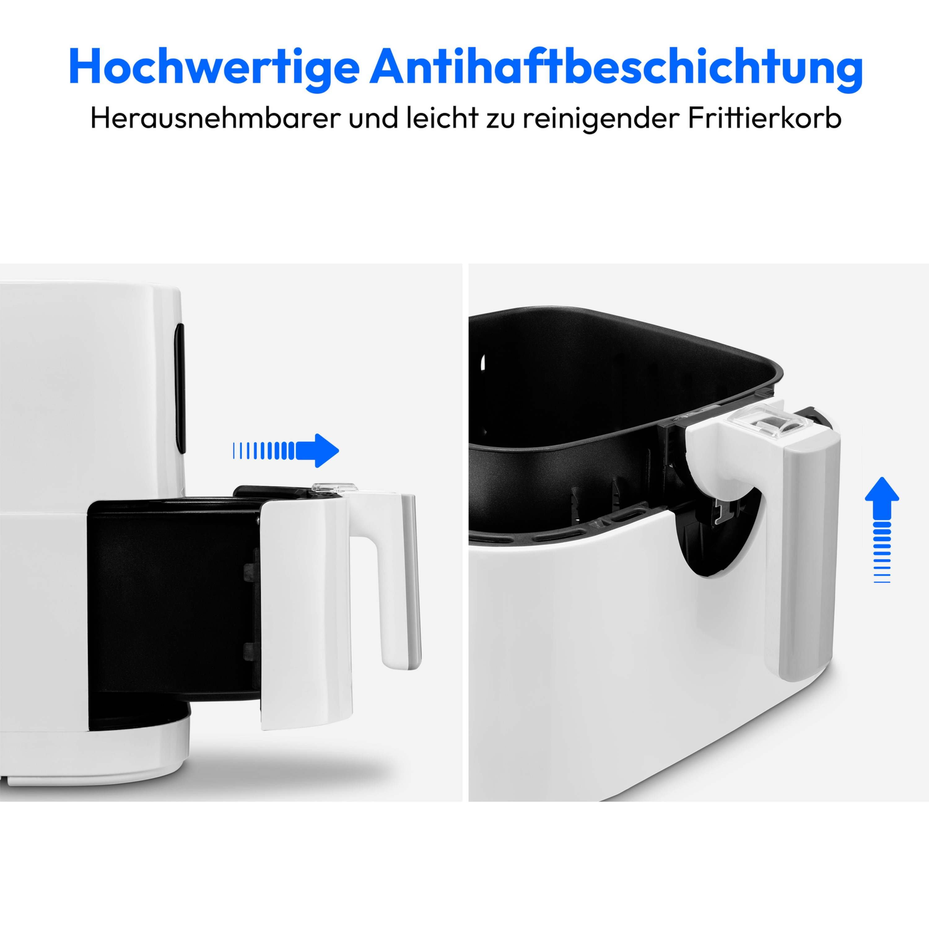 Dwa obrazy frytkownicy powietrznej pokazujące wyjmowanie szuflady i uchwyt.