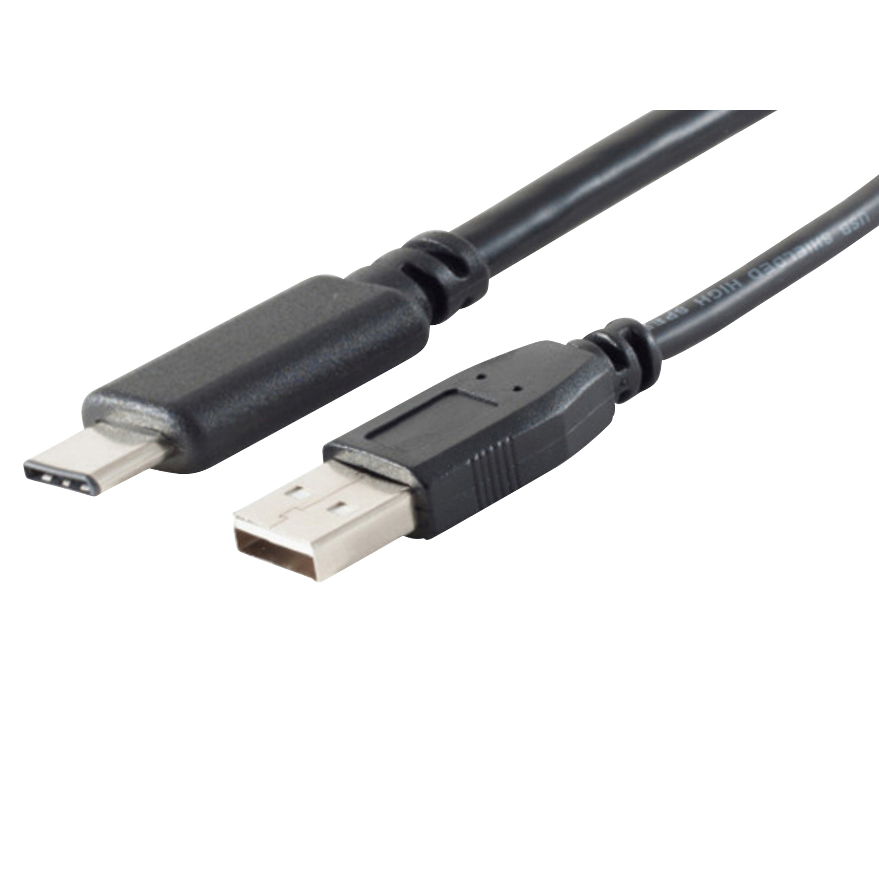 Un cavo da USB-C a USB-A. Cavo nero con connettori su sfondo bianco.