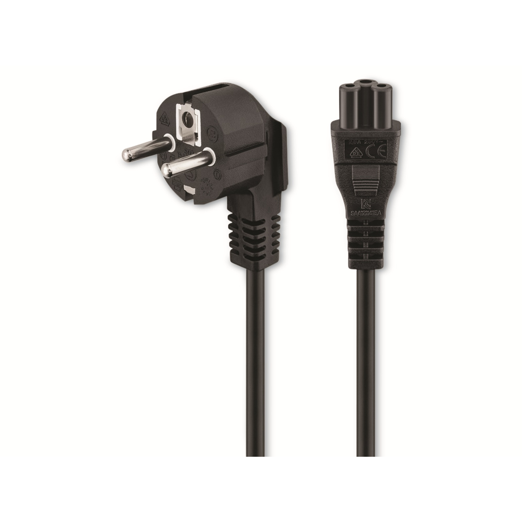 Czarny kabel zasilający z dwoma różnymi końcami. Jeden koniec ma wtyczkę, drugi trzy piny.