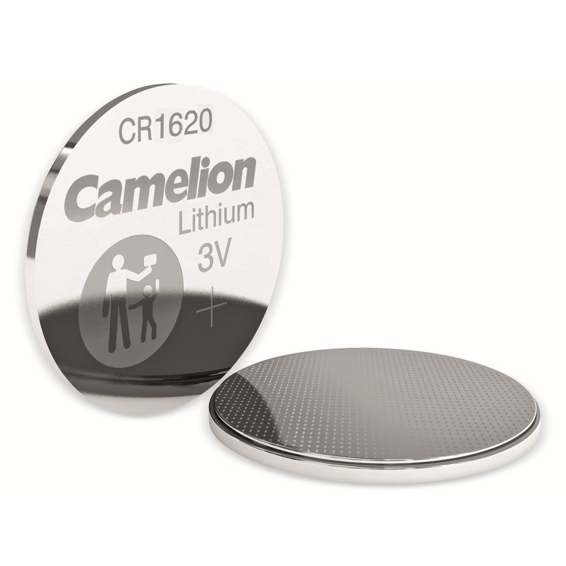 Una batteria argentata CR1620 Camelion Lithium 3V è accanto a una simile.