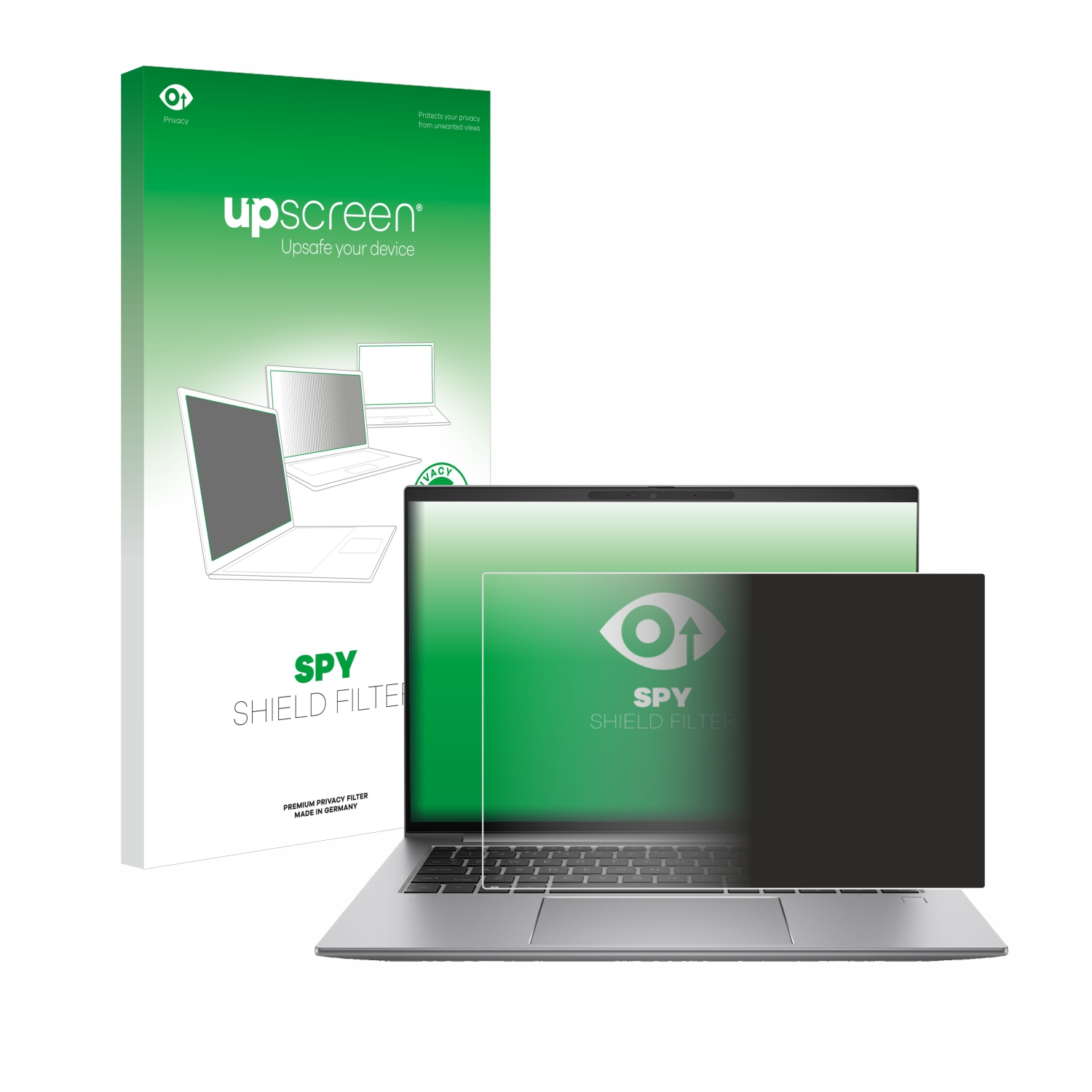 Laptop mit Sichtschutz und Verpackung mit Laptop und Text darauf, auf weißem Hintergrund.