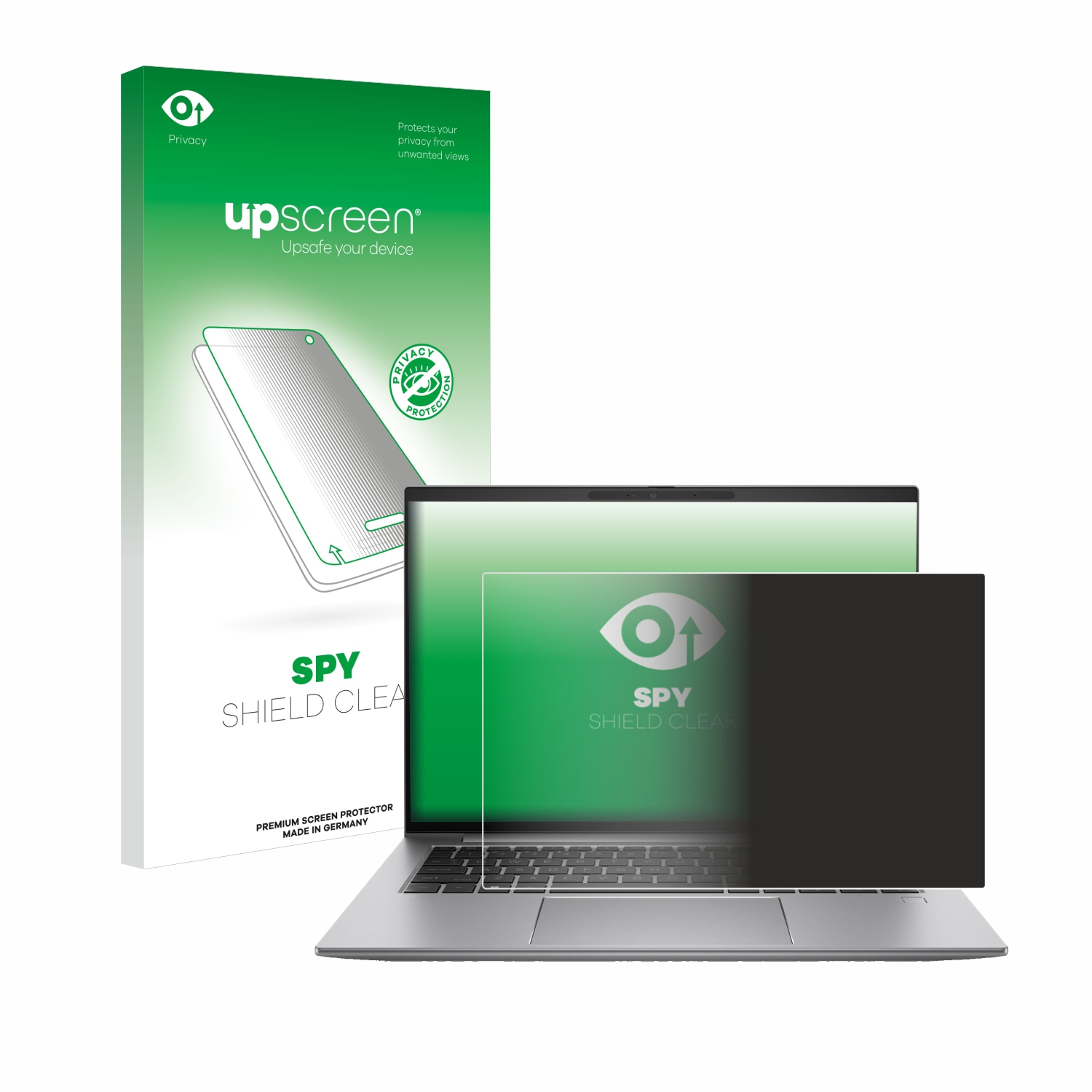 Laptop mit Blickschutzfilter. Box mit 'upscreen' und Logo hinten.