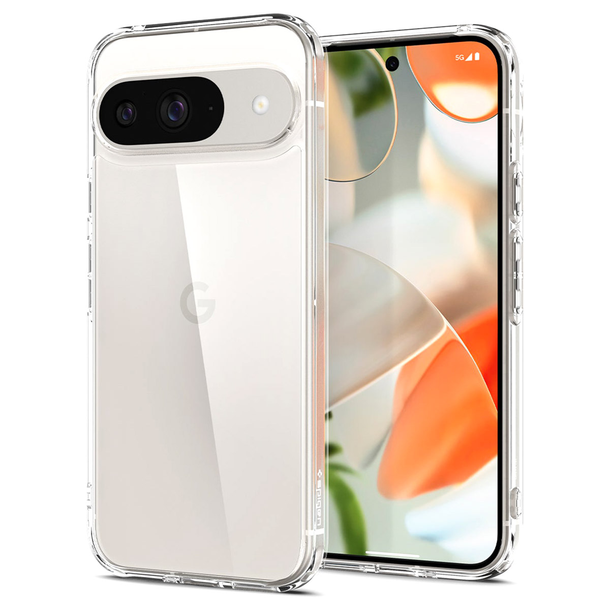 Une coque de téléphone transparente sur un téléphone blanc. Le téléphone a une caméra et un écran.