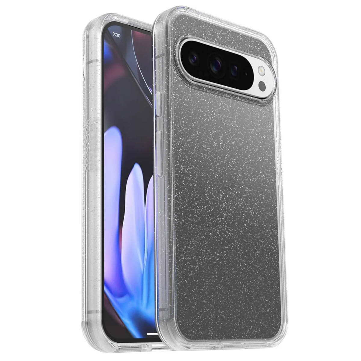 Transparante telefoonhoes met glitter, toont telefoon met camera en scherm.