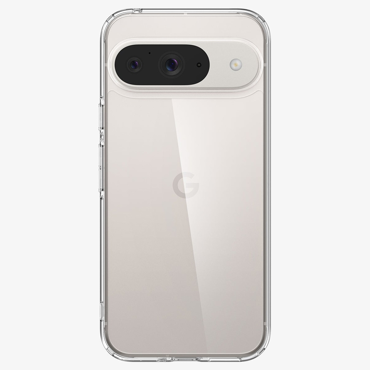 Un téléphone blanc avec une coque transparente à l'arrière. La coque a une découpe pour l'appareil photo.