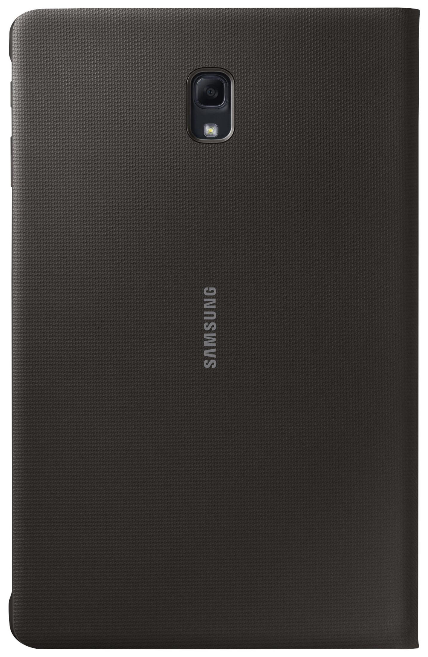 Custodia nera per tablet Samsung, mostra il retro con fotocamera e logo.