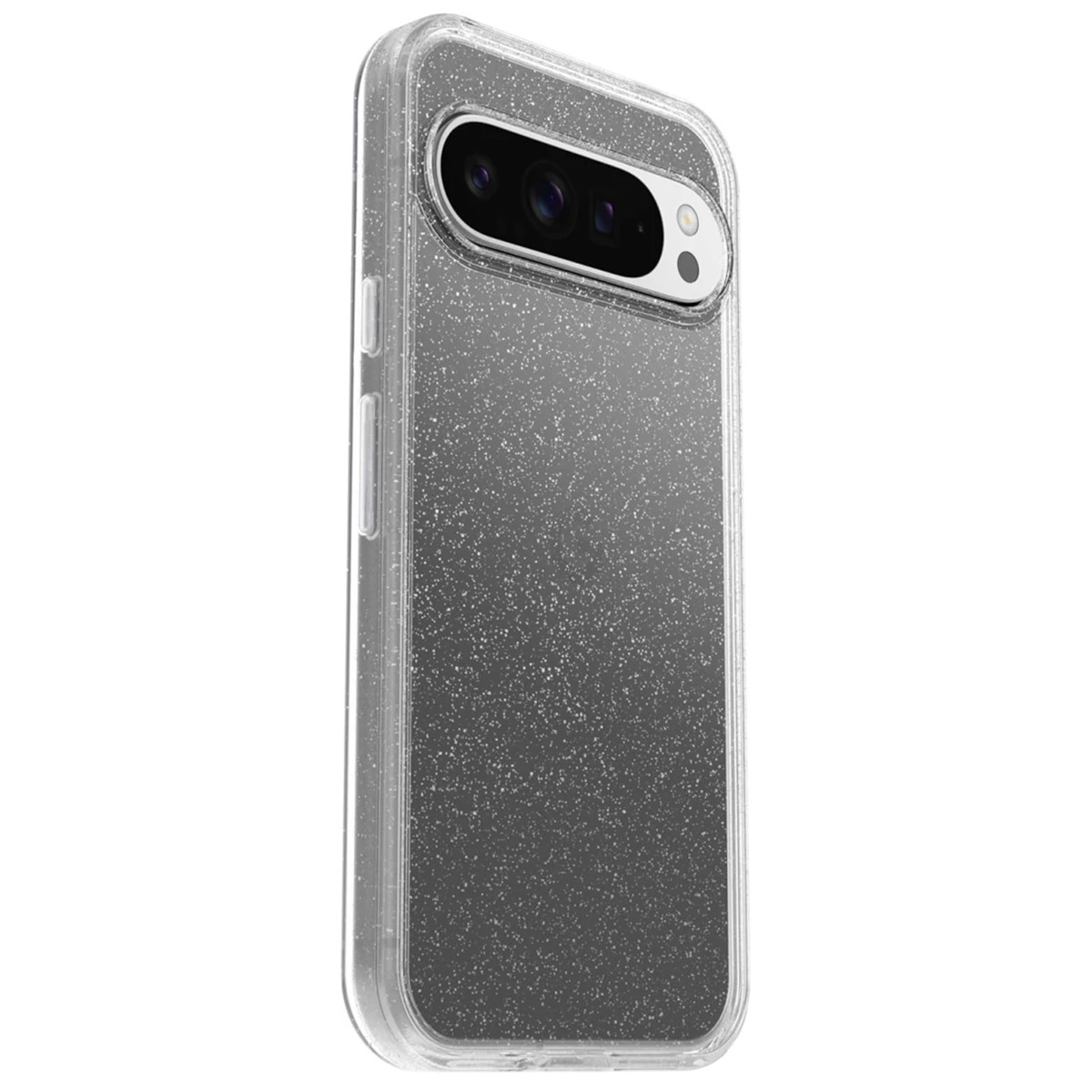 Transparante hoes voor een smartphone. De hoes heeft een helder glitterontwerp en een camera-uitsparing.