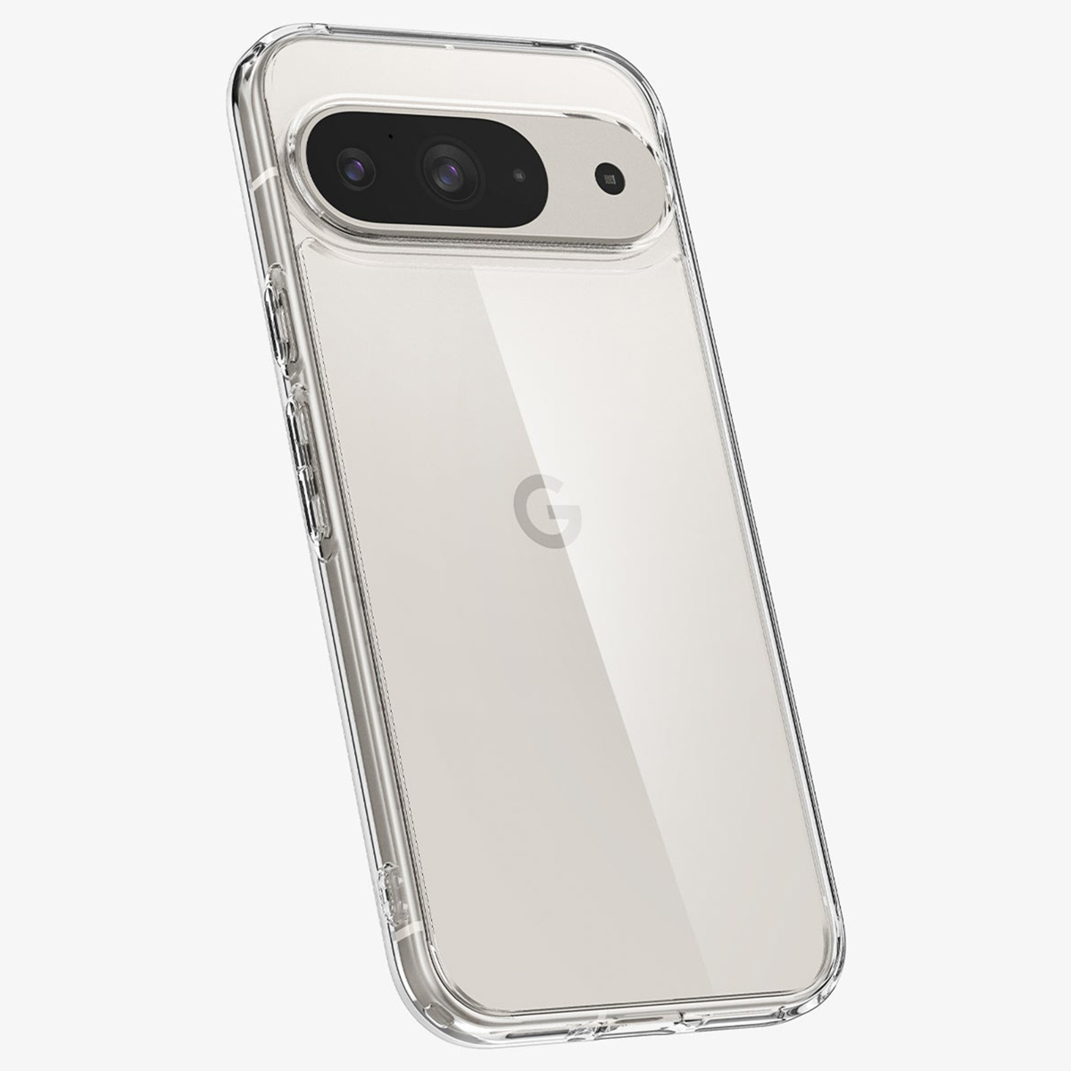 Coque transparente sur un Pixel 7 gris, mettant en valeur les lentilles.