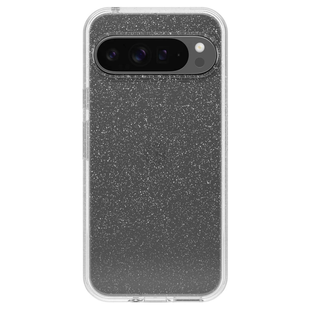 Telefoonhoesje met cameralens en een glitterende, sprankelende zwarte oppervlakte. Duidelijke randen.