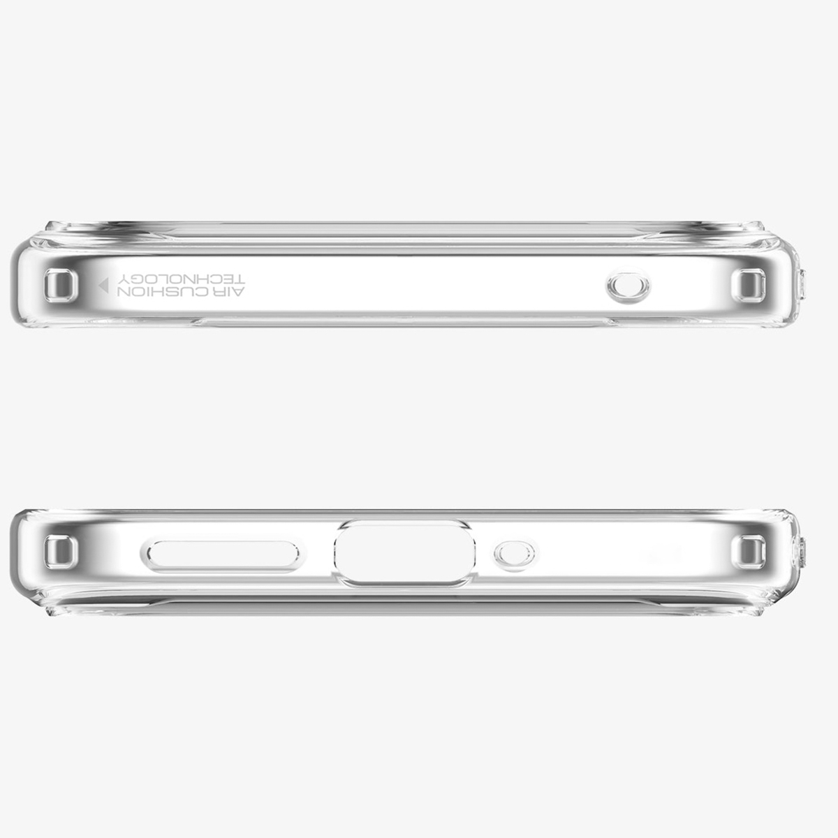 Deux coques de téléphone transparentes. Les deux ont des découpes pour les boutons, les ports et une caméra.