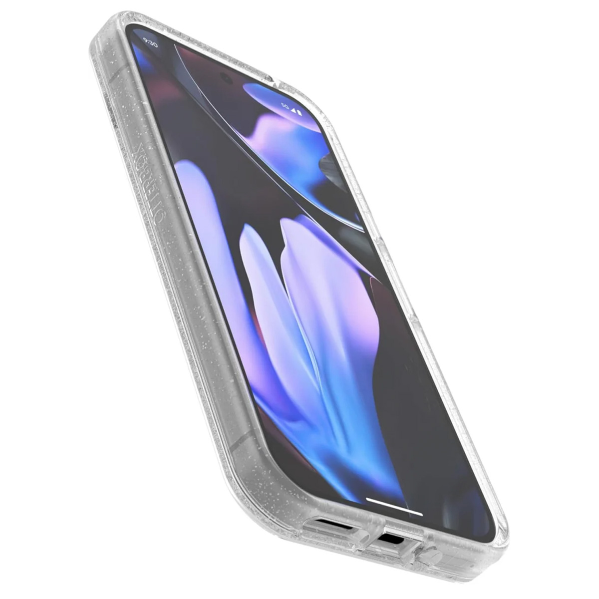Transparante telefoonhoes met een telefoon erin, zijaanzicht. Scherm toont een wazige afbeelding. Witte achtergrond.