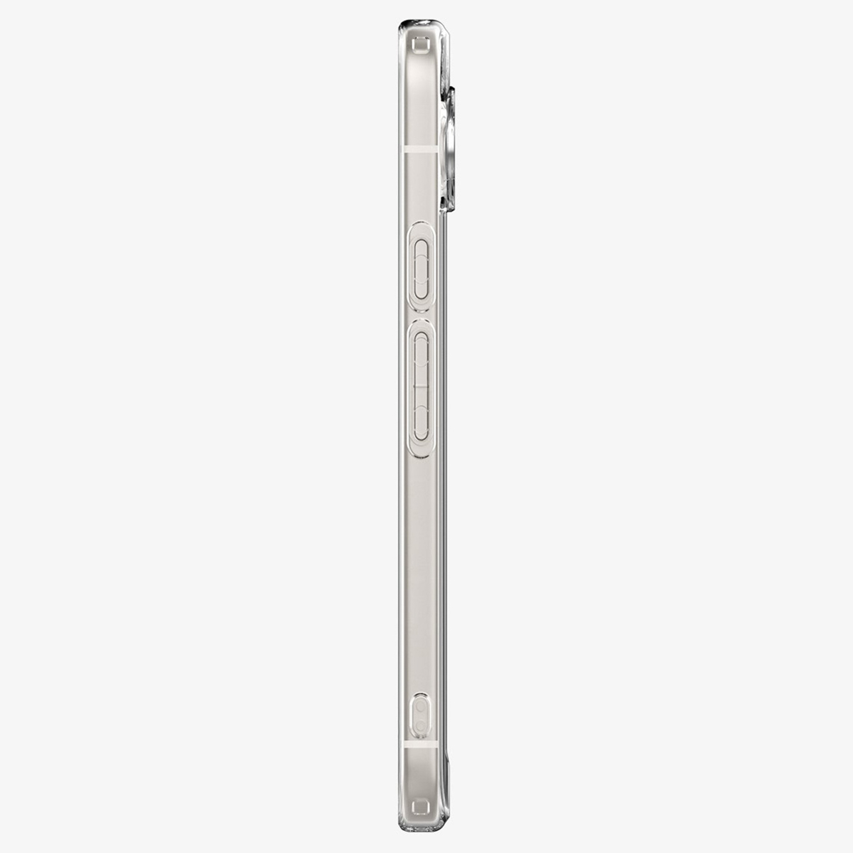 Vue latérale d'une coque de téléphone transparente. Boutons et appareil photo visibles.