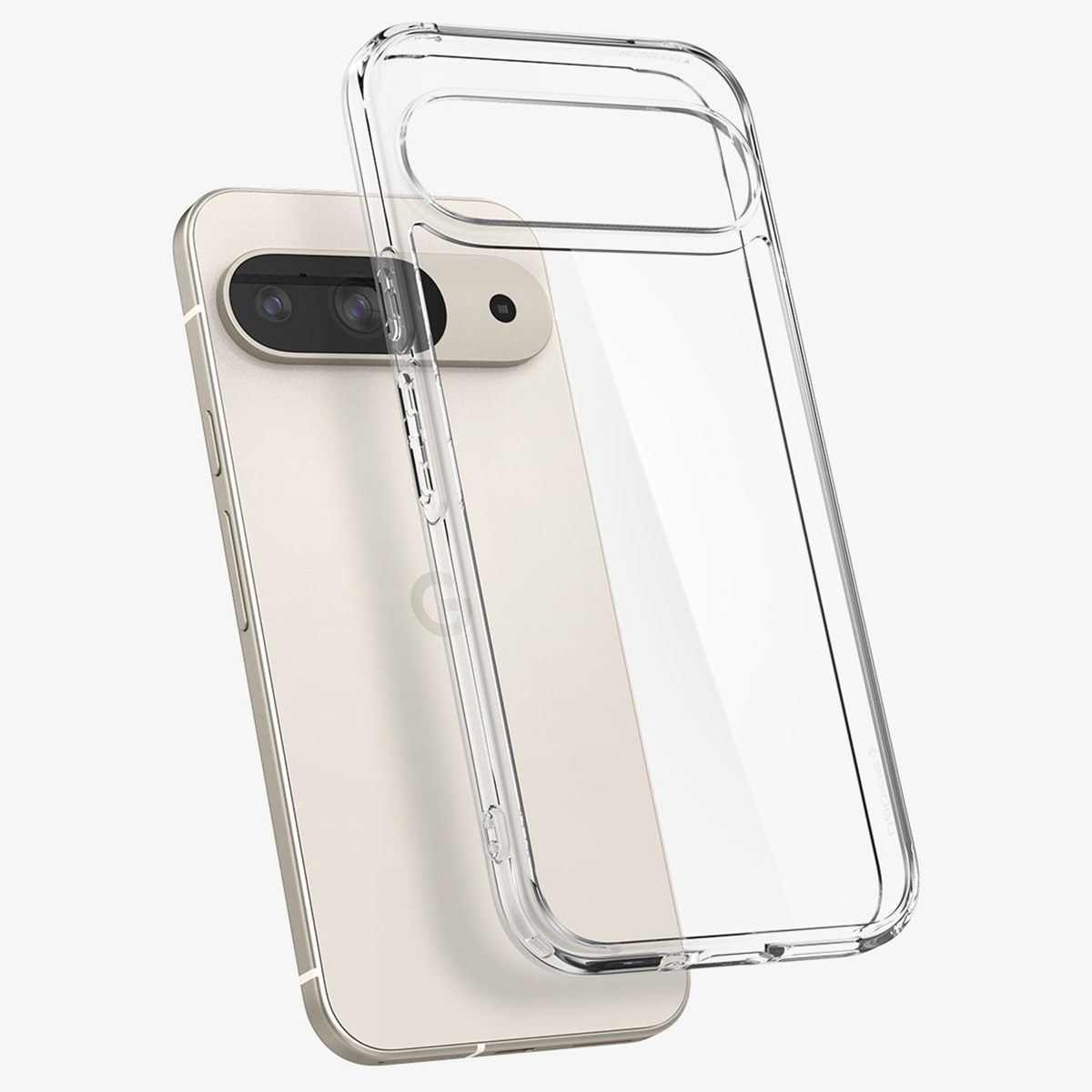 Coque transparente sur un téléphone Pixel 7 doré. La coque est transparente et le téléphone visible.