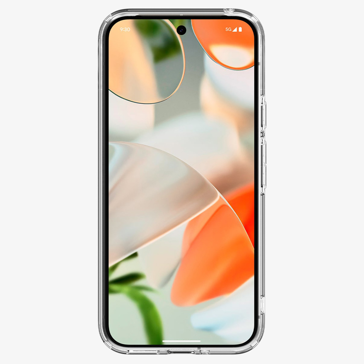 Un téléphone dans un étui transparent. Le téléphone a un grand écran et une caméra. L'heure et le signal sont affichés.