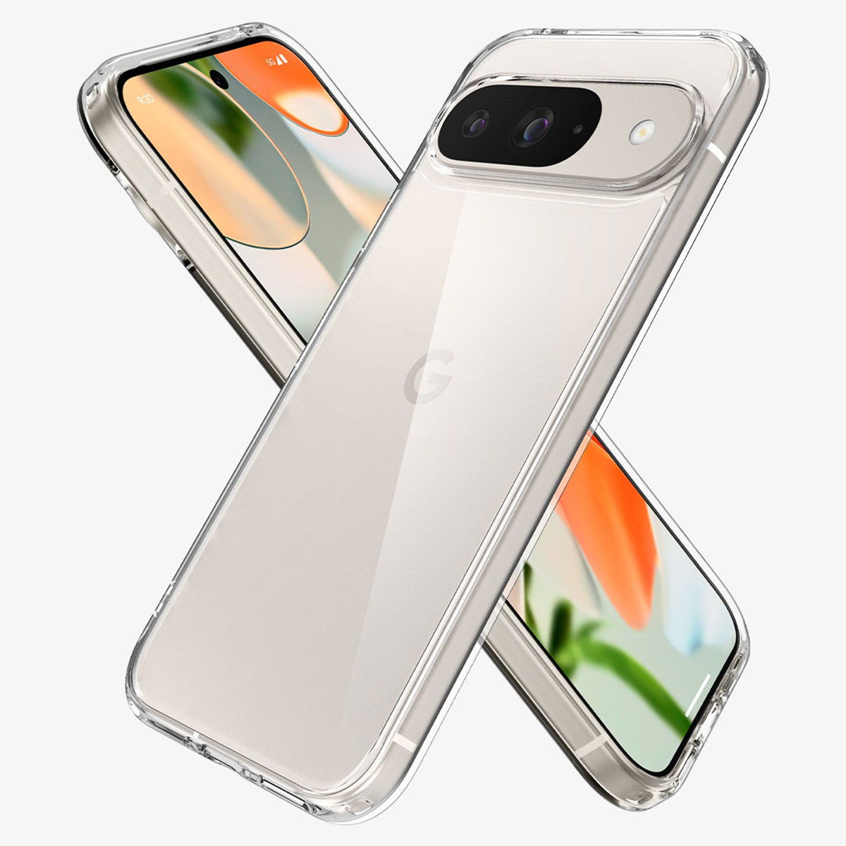 Deux coques de téléphone transparentes avec des téléphones à l'intérieur. L'un montre l'écran du téléphone. Le fond est blanc.