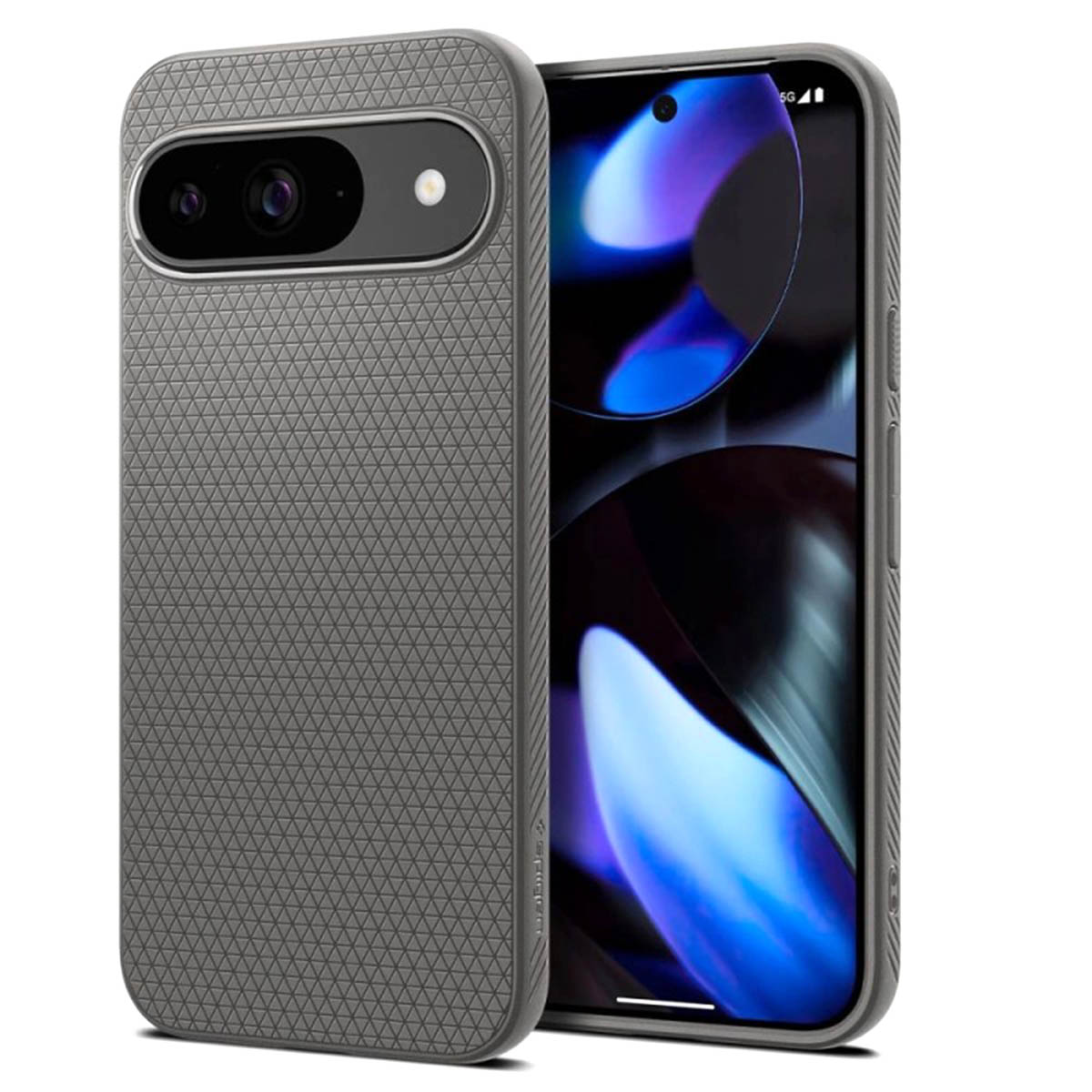 Coque de téléphone grise avec motif texturé, montrant l'arrière et la caméra.