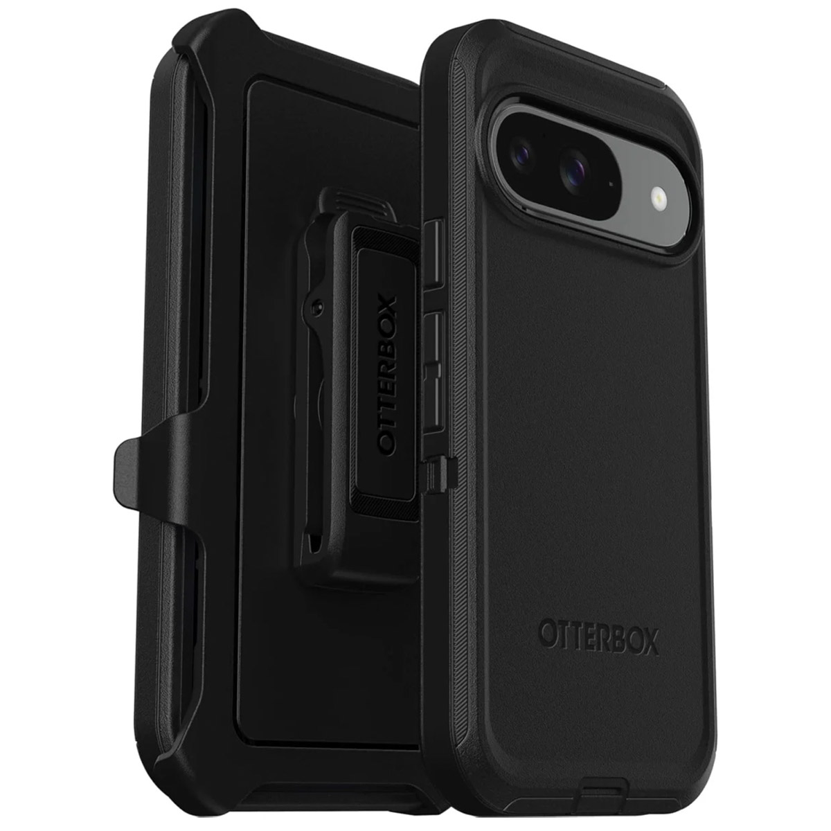 Coque Otterbox noire avec clip de ceinture, montrant le téléphone.