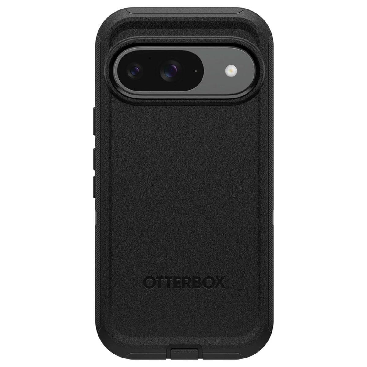 Coque de téléphone Otterbox noire avec téléphone à l'intérieur. Le logo Otterbox est visible. Fond blanc.