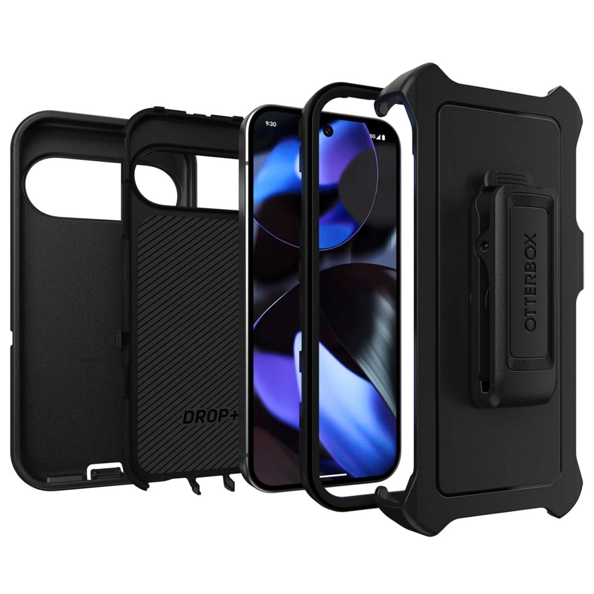 Coque Otterbox noire, démontée, montrant les couches pour la protection du téléphone.