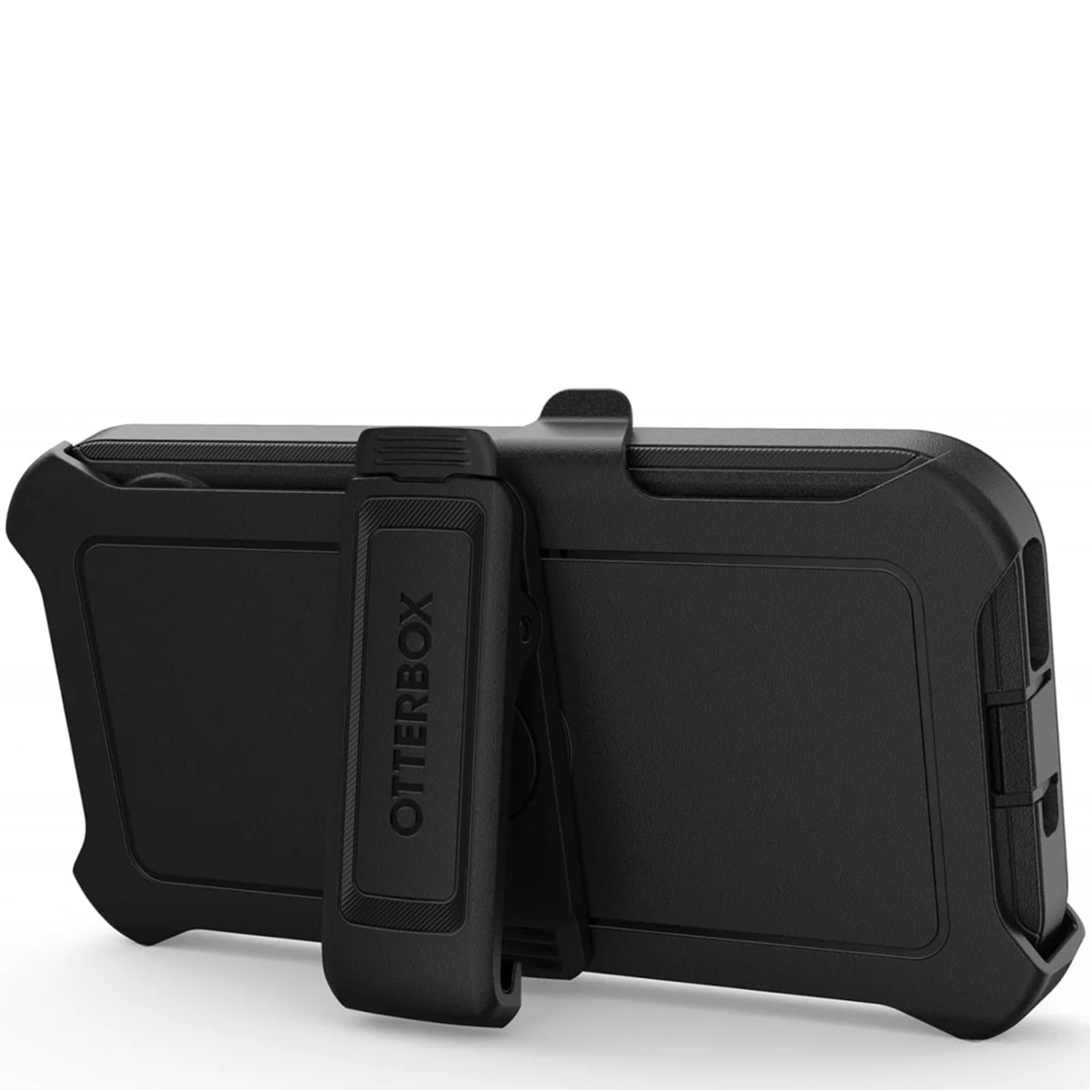 Coque de téléphone noire avec clip. Logo Otterbox visible sur le clip.