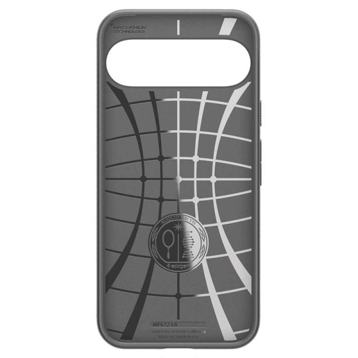 Dos de coque de téléphone grise avec motif géométrique et logo.