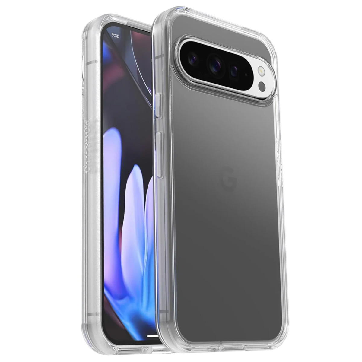 Deux téléphones dans des coques transparentes. Les écrans affichent un fond bleu foncé avec un logo G.