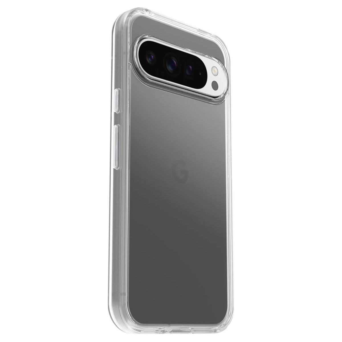 Une coque de téléphone transparente avec une découpe pour la caméra.