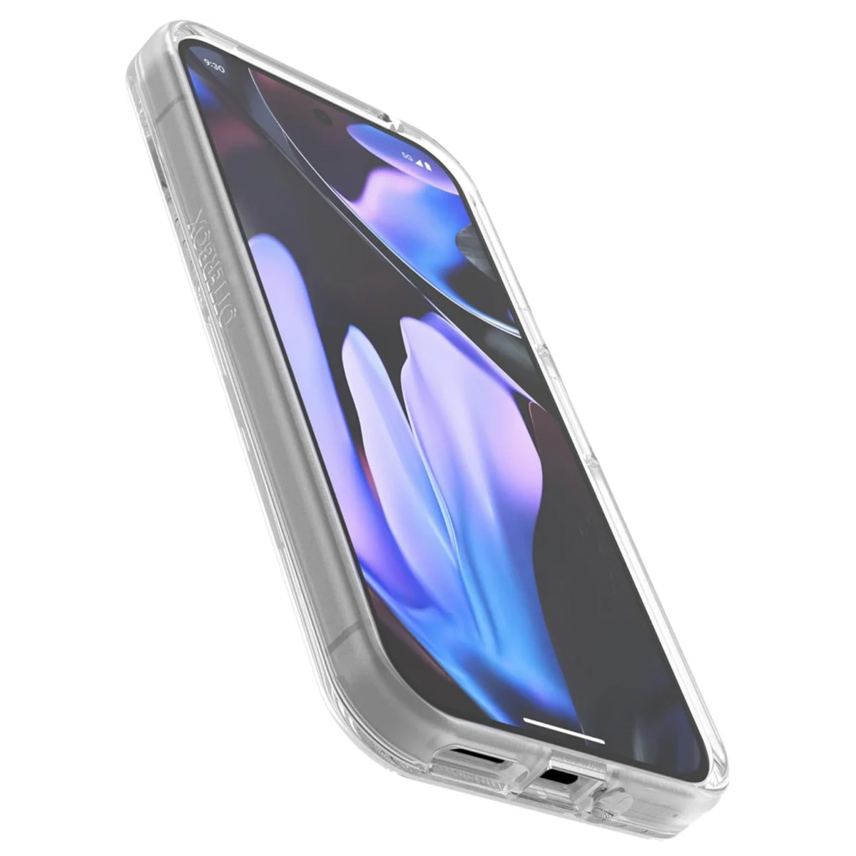 Coque de téléphone transparente avec téléphone à l'intérieur. L'écran est visible. Le fond est blanc et la coque a un logo.