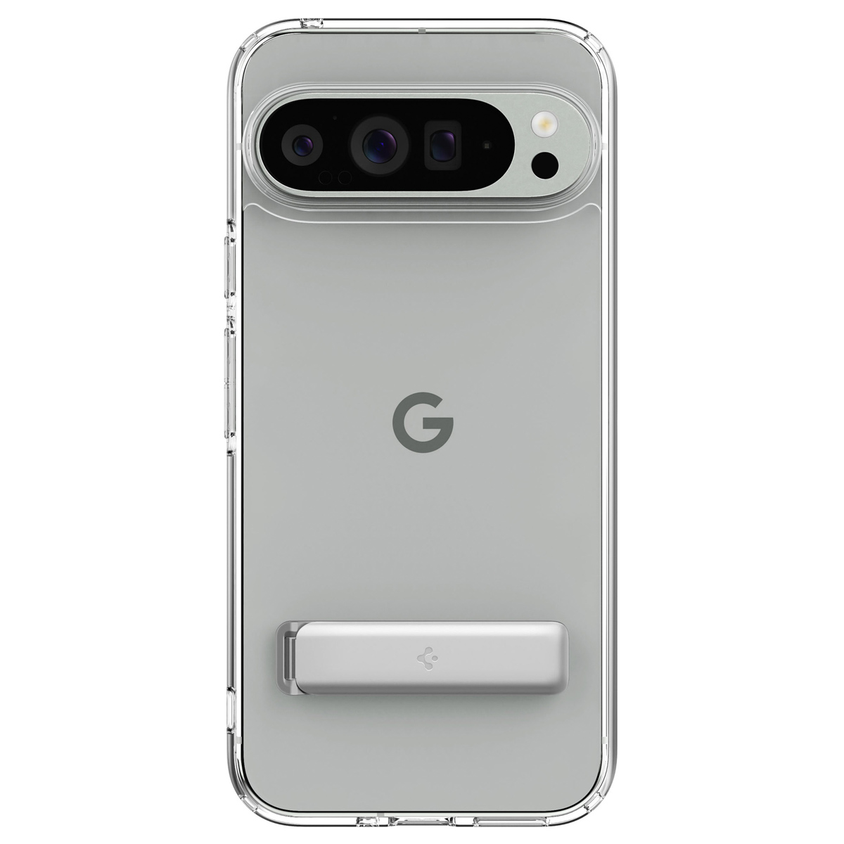 Une coque de téléphone transparente maintient un Google Pixel. Il a une barre de caméra et un support.