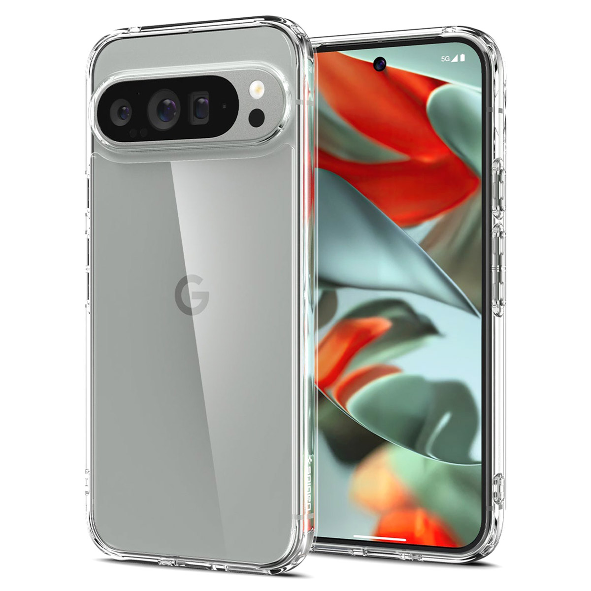Transparante telefoonhoes op een zilveren Pixel 7 telefoon. De telefoonhoes is transparant.