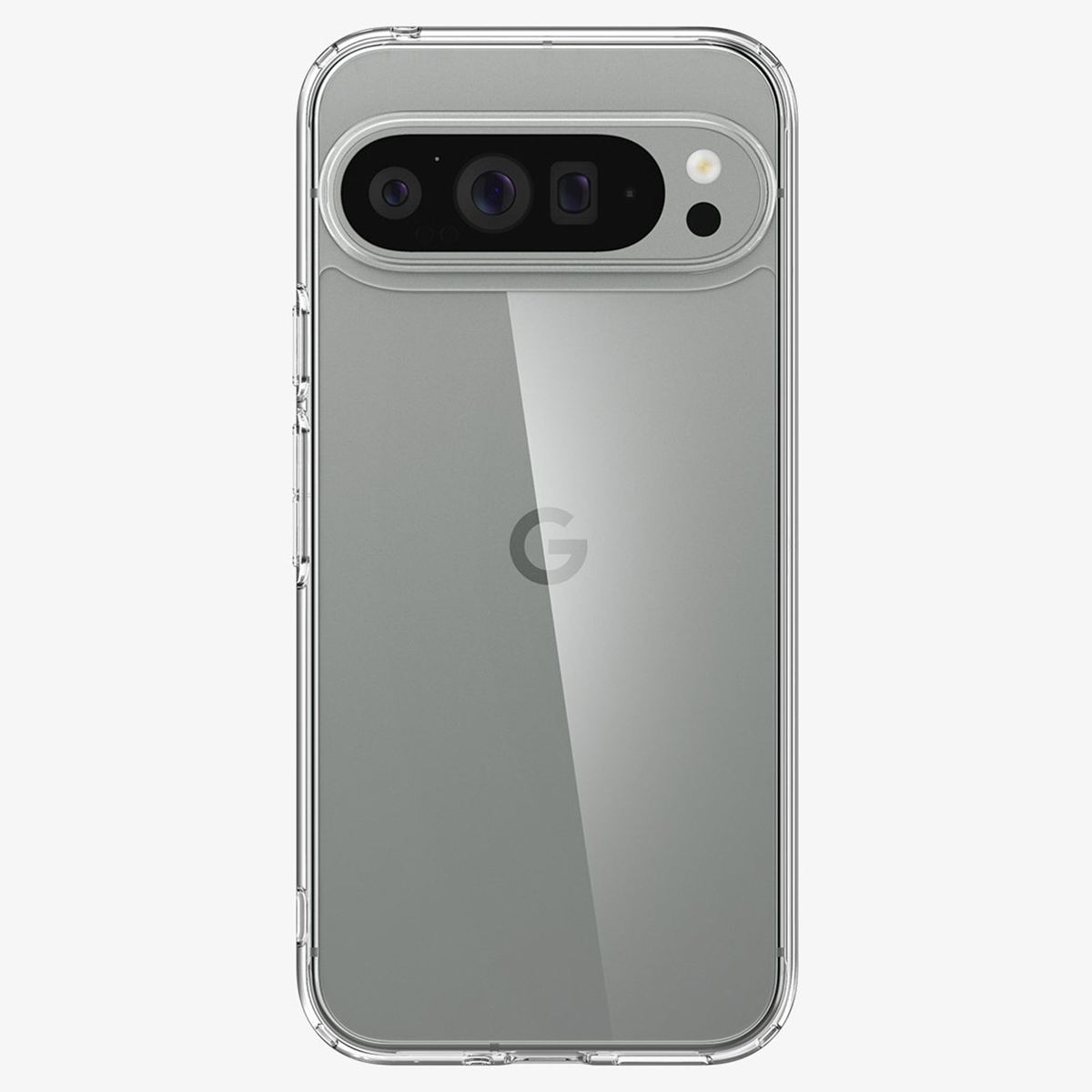 Transparante telefoonhoes op een telefoon. Google-logo op de achterkant. Hoes heeft een doorzichtige achterkant.