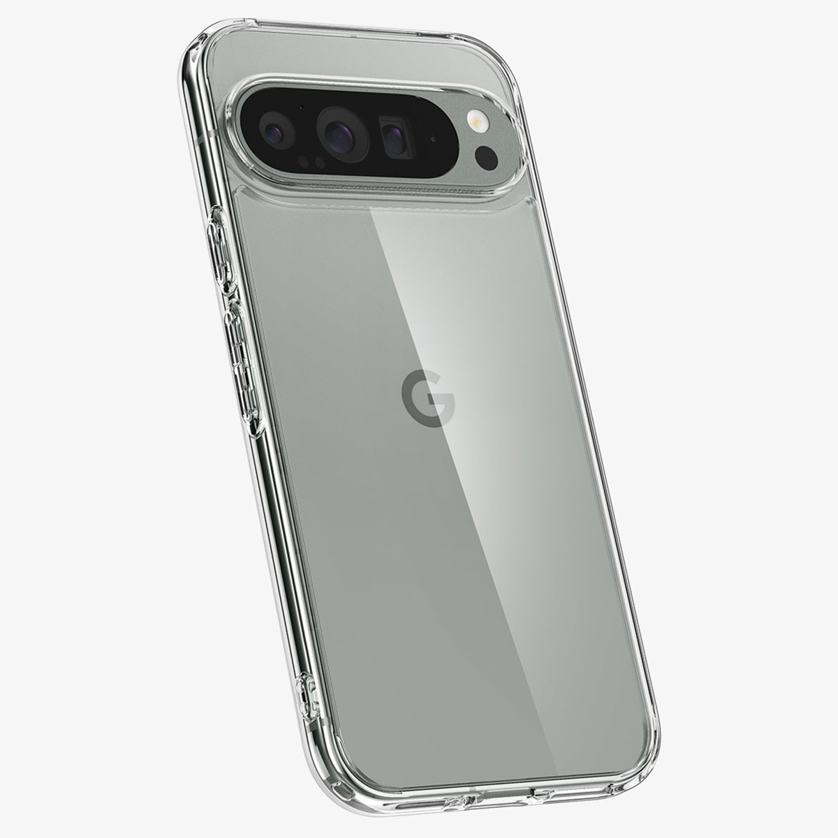 Transparant telefoonhoesje, toont achterkant met camera en flitser.