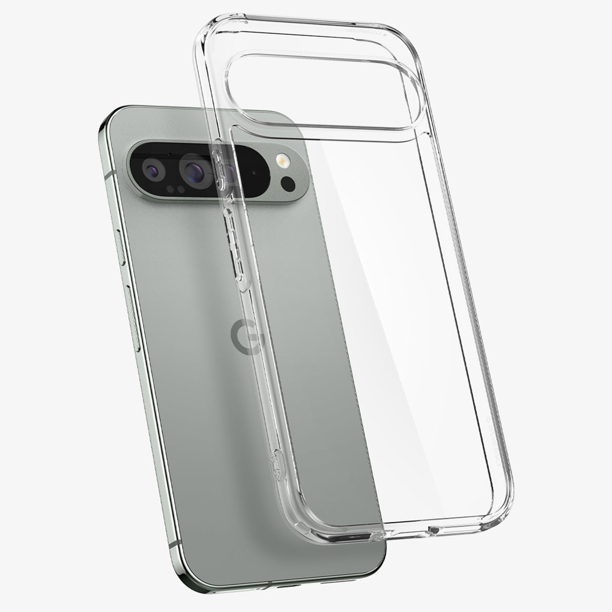 Transparante telefoonhoes rond een grijze Pixel 7, camera zichtbaar.