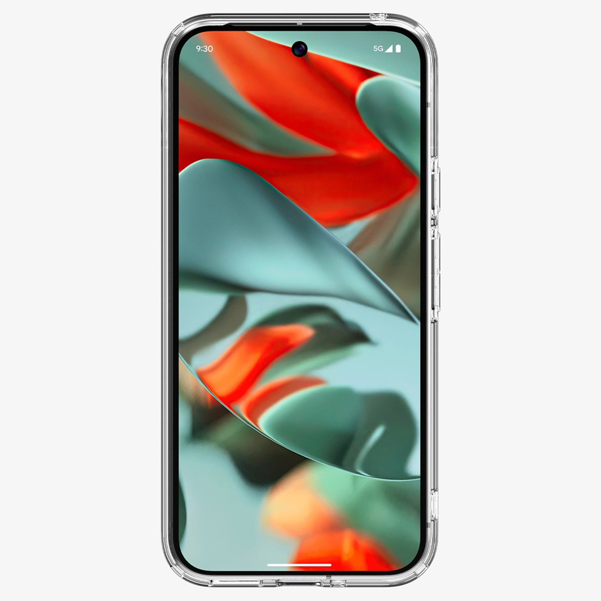 Smartphone met scherm met abstracte rode en blauwgroene vormen. Transparante hoes. 9:30 tijd weergegeven.