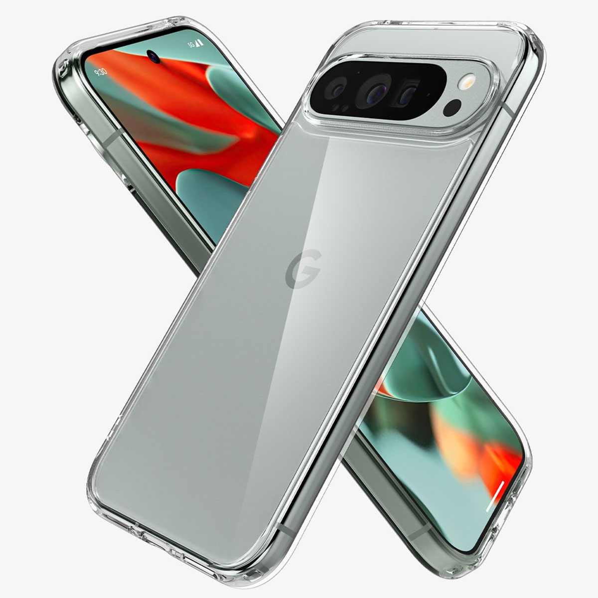 Transparante telefoonhoes over een telefoon met een rode en oranje abstracte achtergrond.