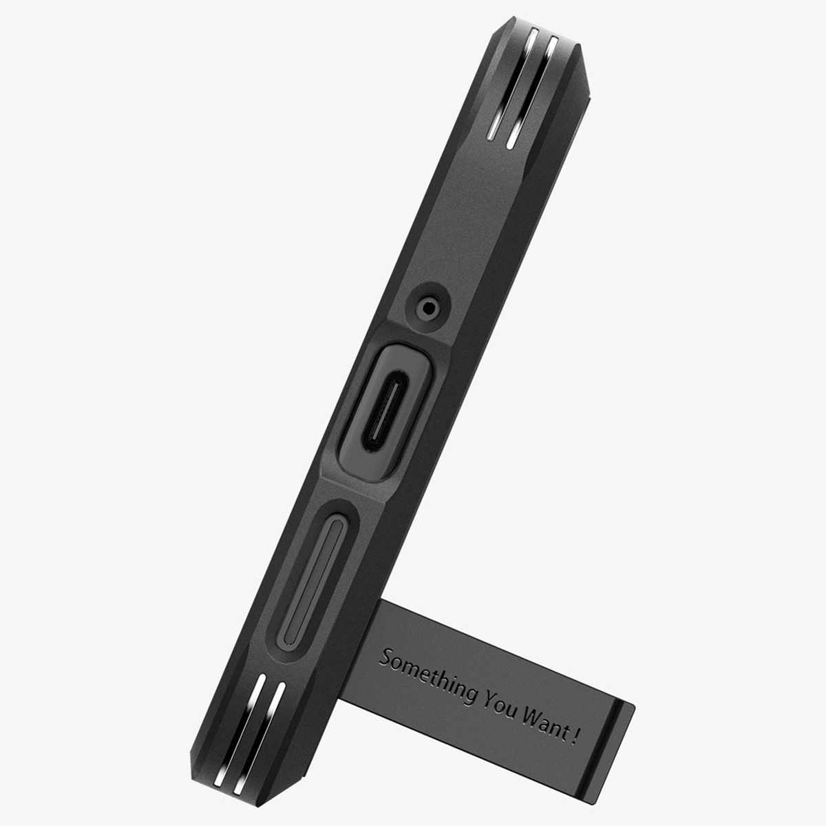 Eine schwarze Smartphone-Hülle mit einem Ständer, auf dem steht: Something You Want!