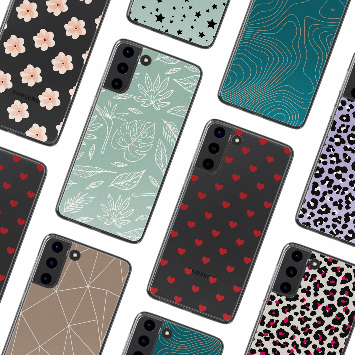Assortimento di custodie per telefoni con vari modelli: fiori, cuori, stelle e disegni geometrici.