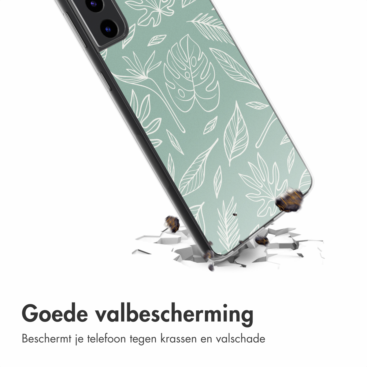 Custodia verde per telefono con motivo a foglie, con telefono che cade e terreno che si rompe sotto.