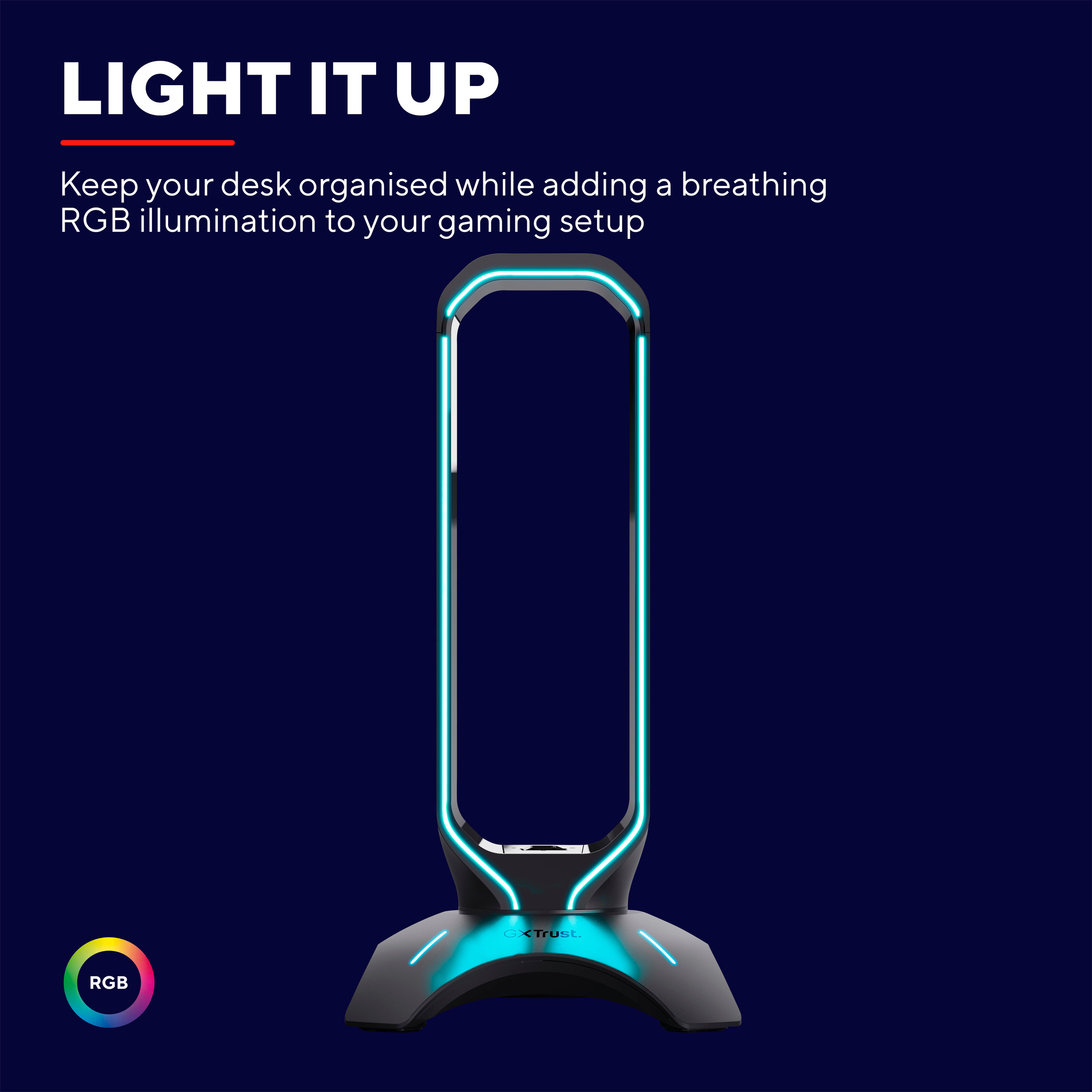 Ein blaues und schwarzes RGB-Gaming-Gerät mit geschwungenem Design.